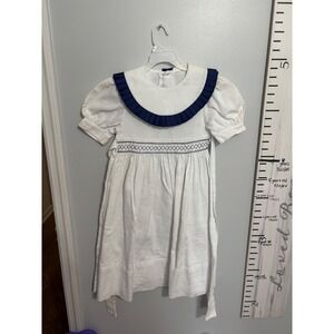 Monday's Child Girls White Corduroy Smocked Dress‎ Navy Ruffle Size 6X USA Made